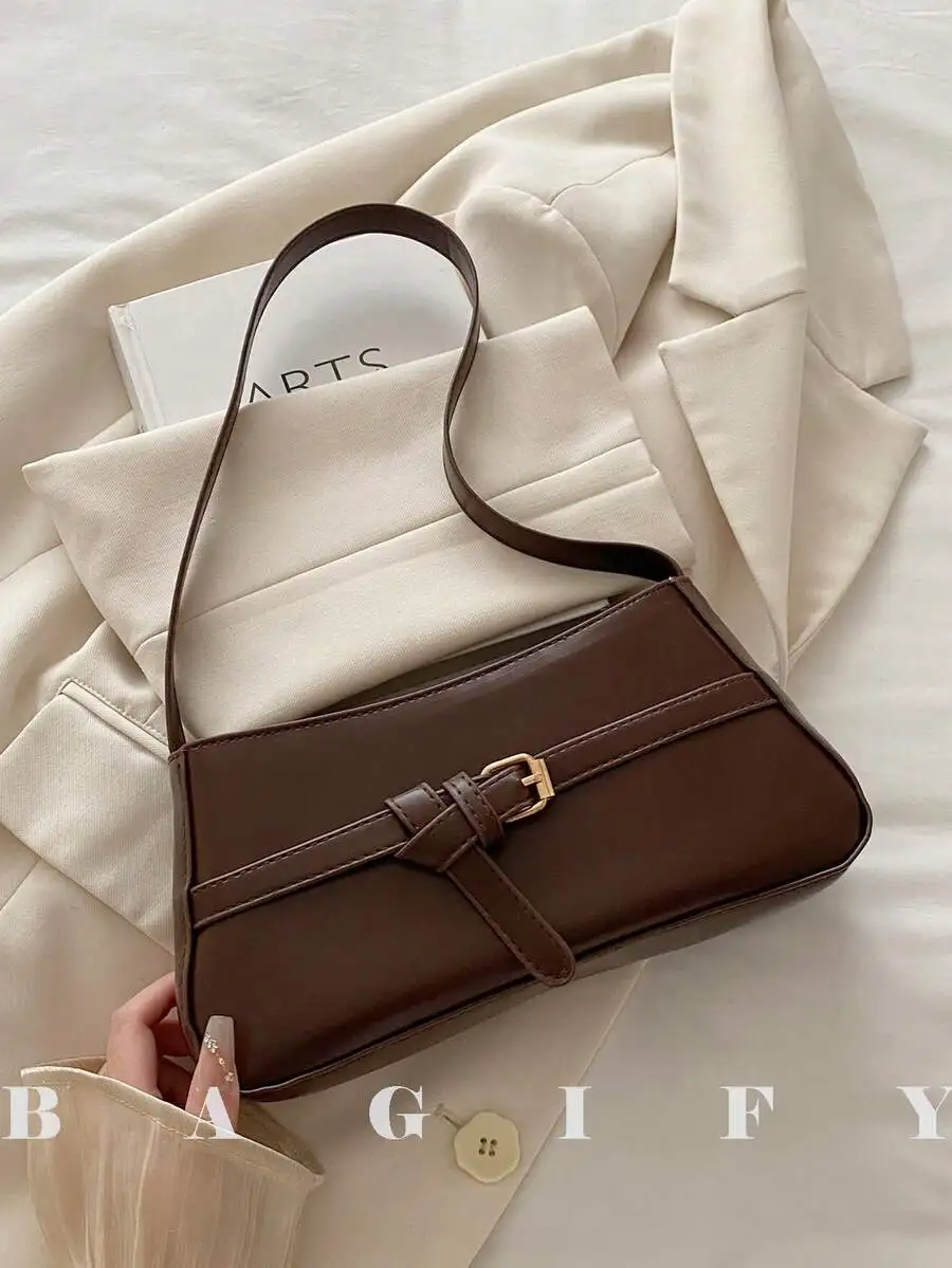 

Коричневая сумка из искусственной кожи с верхней ручкой и ремешком с пряжкой, элегантная, для повседневного использования