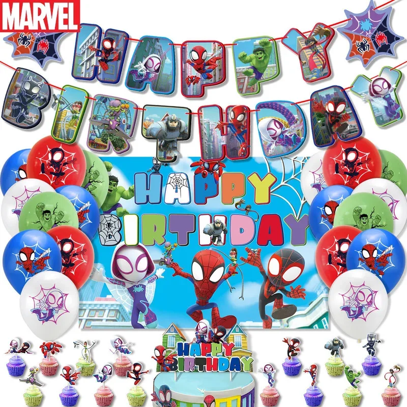 New Anime Spidey And His Amazing Friends Birthday Party Decoration Spiderman Flag Cake Insert Balloon Party Supplies Gifts