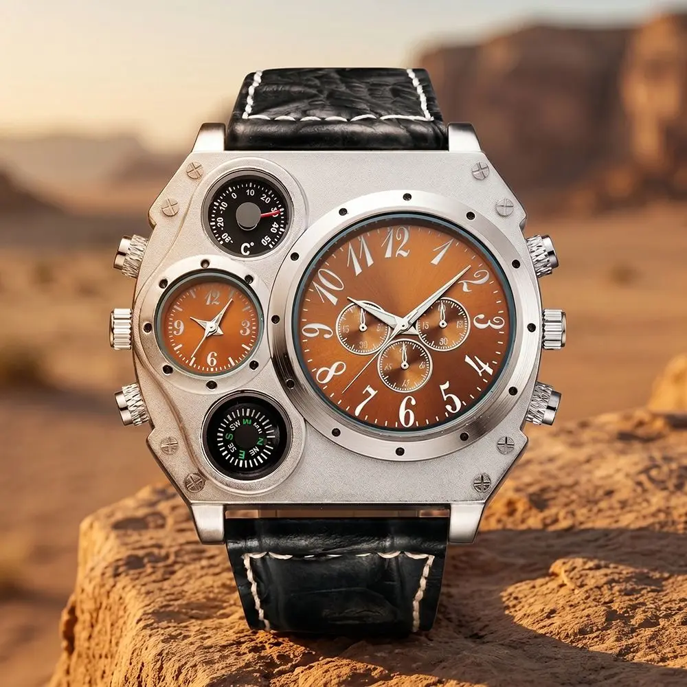 PU Leather Strap Big Face Watches Leather Strap Luminous Quartz Watch Compass Decoration Large Dial Dual Time Zone Watch