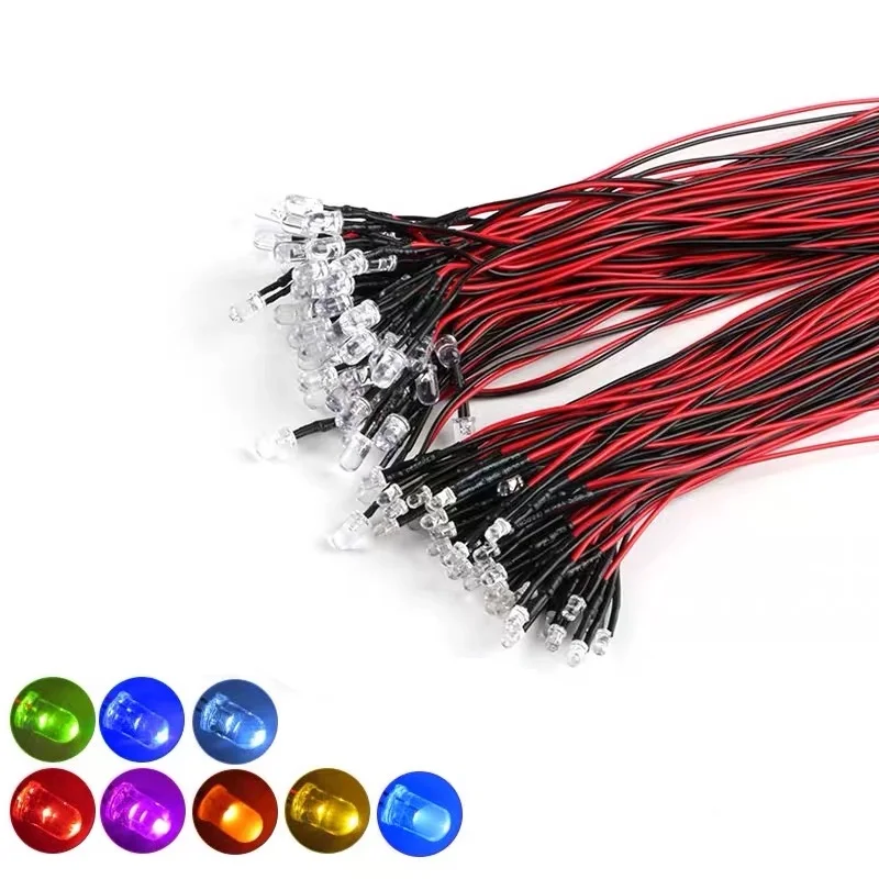 5PCS 3MM/5MM LED 20cm Diode Red Green Yellow Blue White Warm Orange Pink Purple RGB Slow Falsh Light Emitting Diodes with Cable 