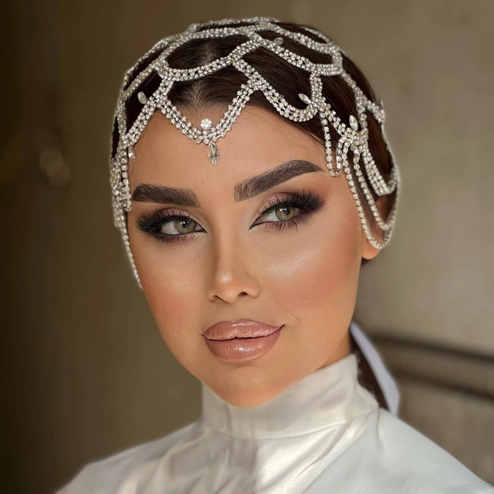 

Indian Bridal Mesh Headband Hat Flapper Gatsby Hair Accessories Wedding Hollow Crystal Head Chain Headpiece Women Wig Jewelry