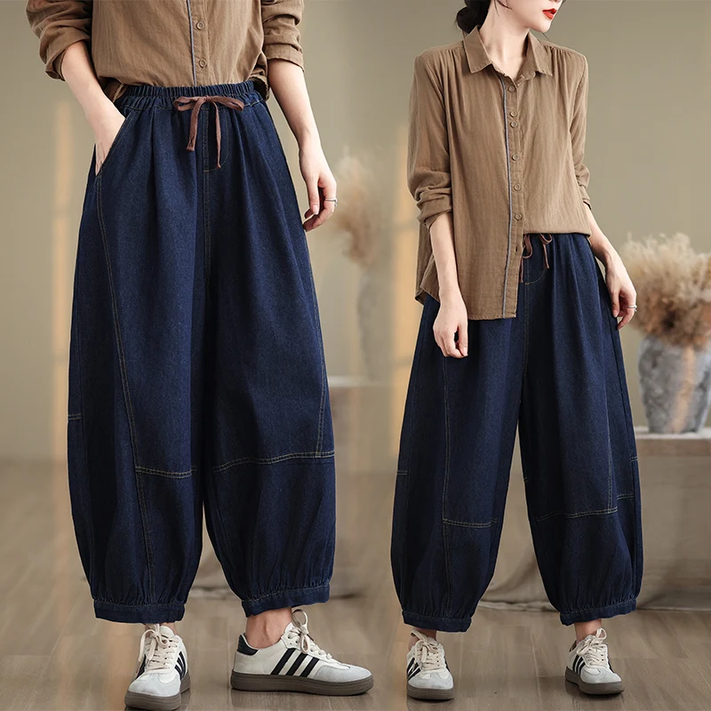 Casual jeans met wijde pijpen Dames denim lantaarnbroek Herfst splitsen Losse afslankende casual broek Veelzijdige negendelige broek