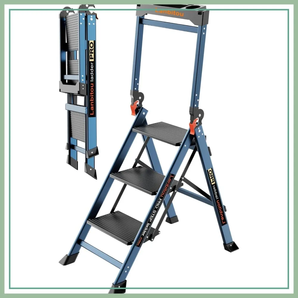 

3 Step Ladder with Handrails, Heavy Duty Aluminum, Wide Anti-Slip Steps, Lightweight Folding Ladder for Home RV Kitchen