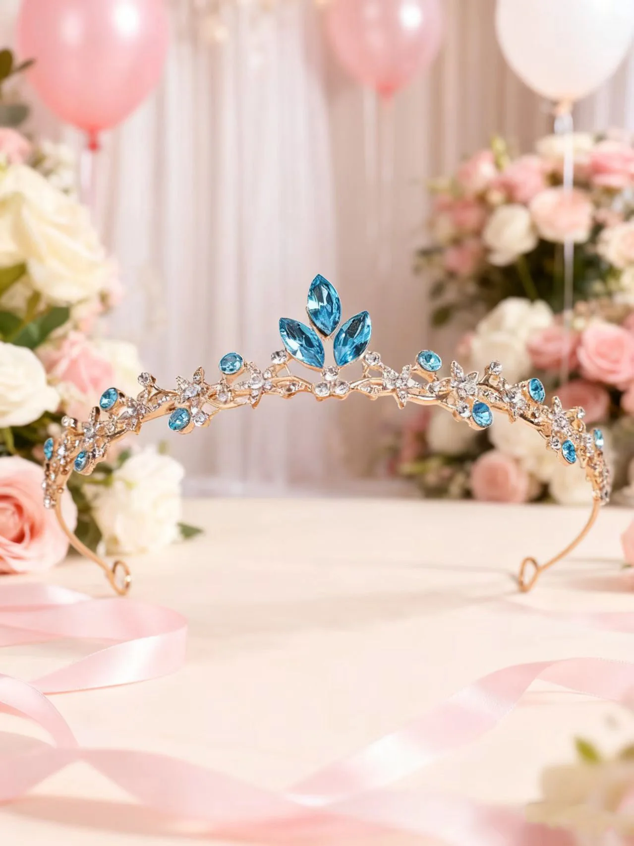 Light Luxury Pink Rhinestone Crown, Gold Leaf-Shaped Crown for Girls' Birthday, Bridal Wedding Dress Princess Hair Crown Headpiece image 5
