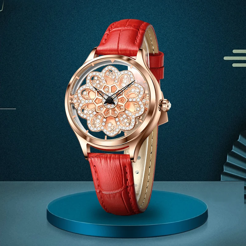 

LIGE Elegant Rotating Quartz Leather Ladies Watch Luxury Colorful Crystal Sparkling Casual Shiny Women Watches Reloj De Mujer