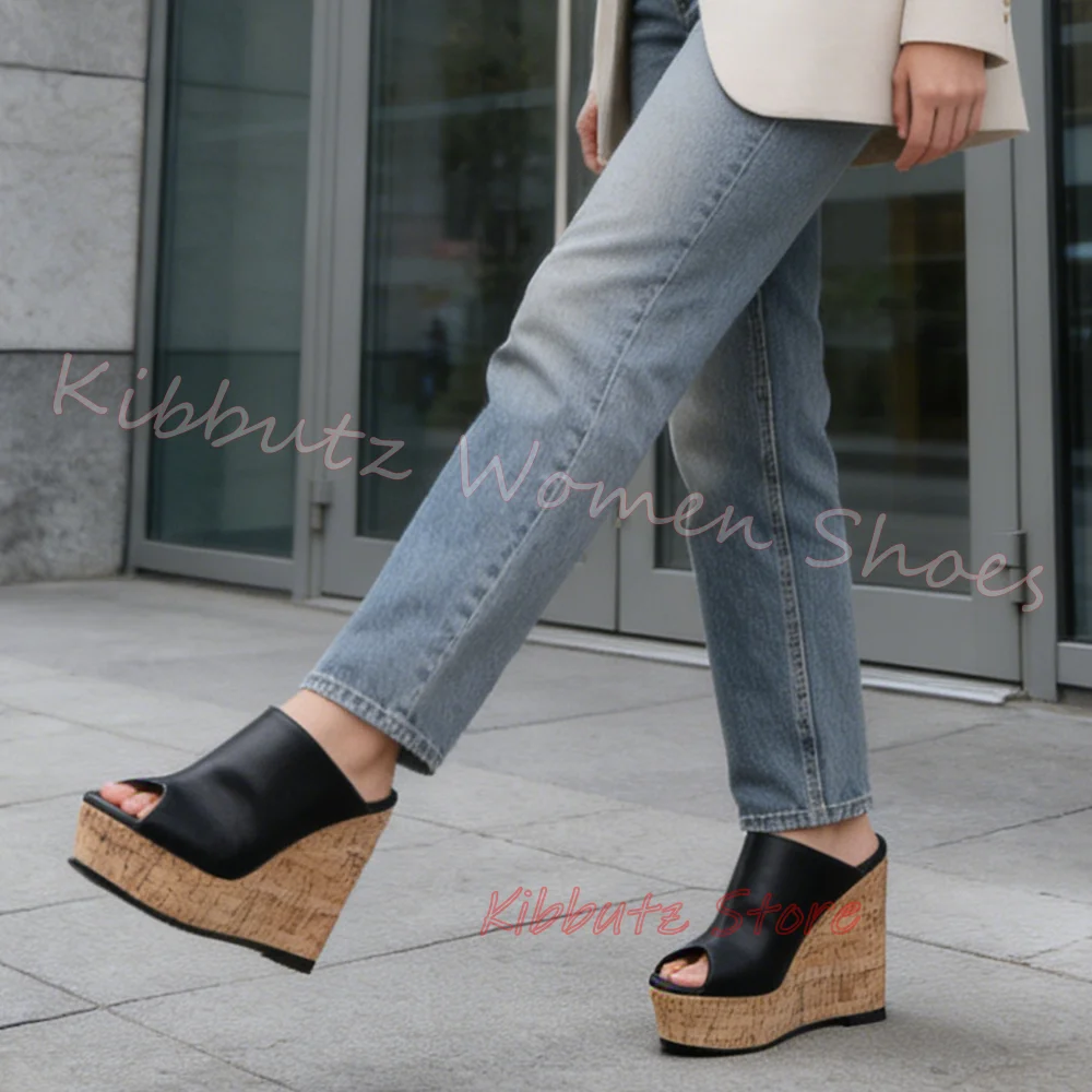 Mules Platform Slipper Peep Toe High Heel Slip On Leather Patchwork Summer Beach Party Shoes Comfortable Fashion Mixed Color New
