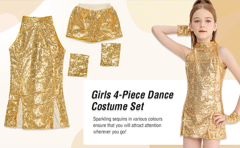 LOlanta Mädchen-Tanzkleidung mit Pailletten, 4–12 Jahre, glitzerndes Hip-Hop-Jazz-Tanz-Outfit, ärmelloses Oberteil und Shorts – Detail 3