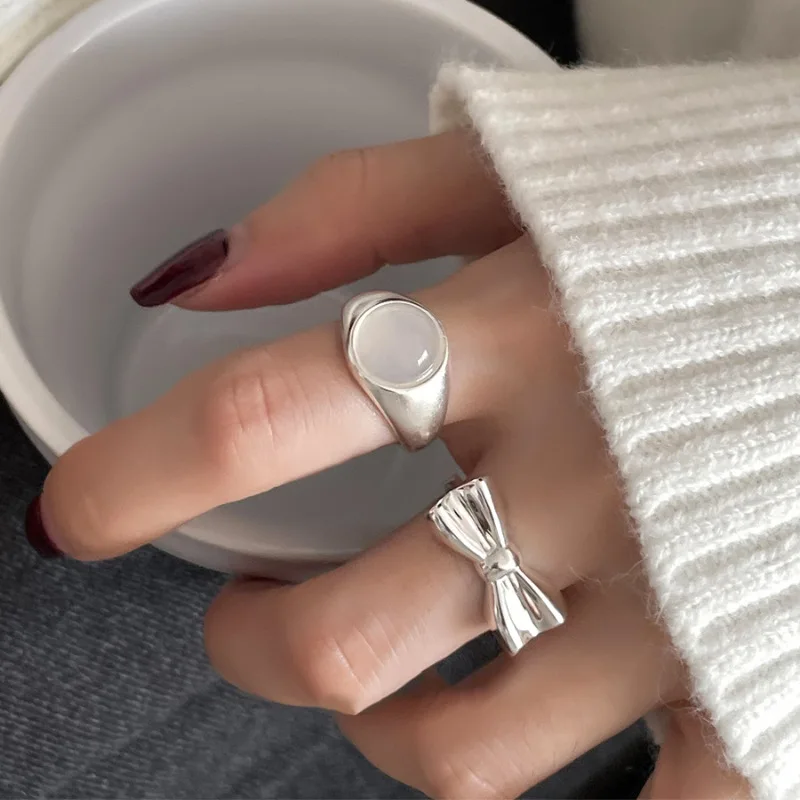 PANJBJ 925 Sterling Silve White Agate Ring for Women Girl Bow knot Sweet Versatile Opening Jewelry Gift Dropshipping