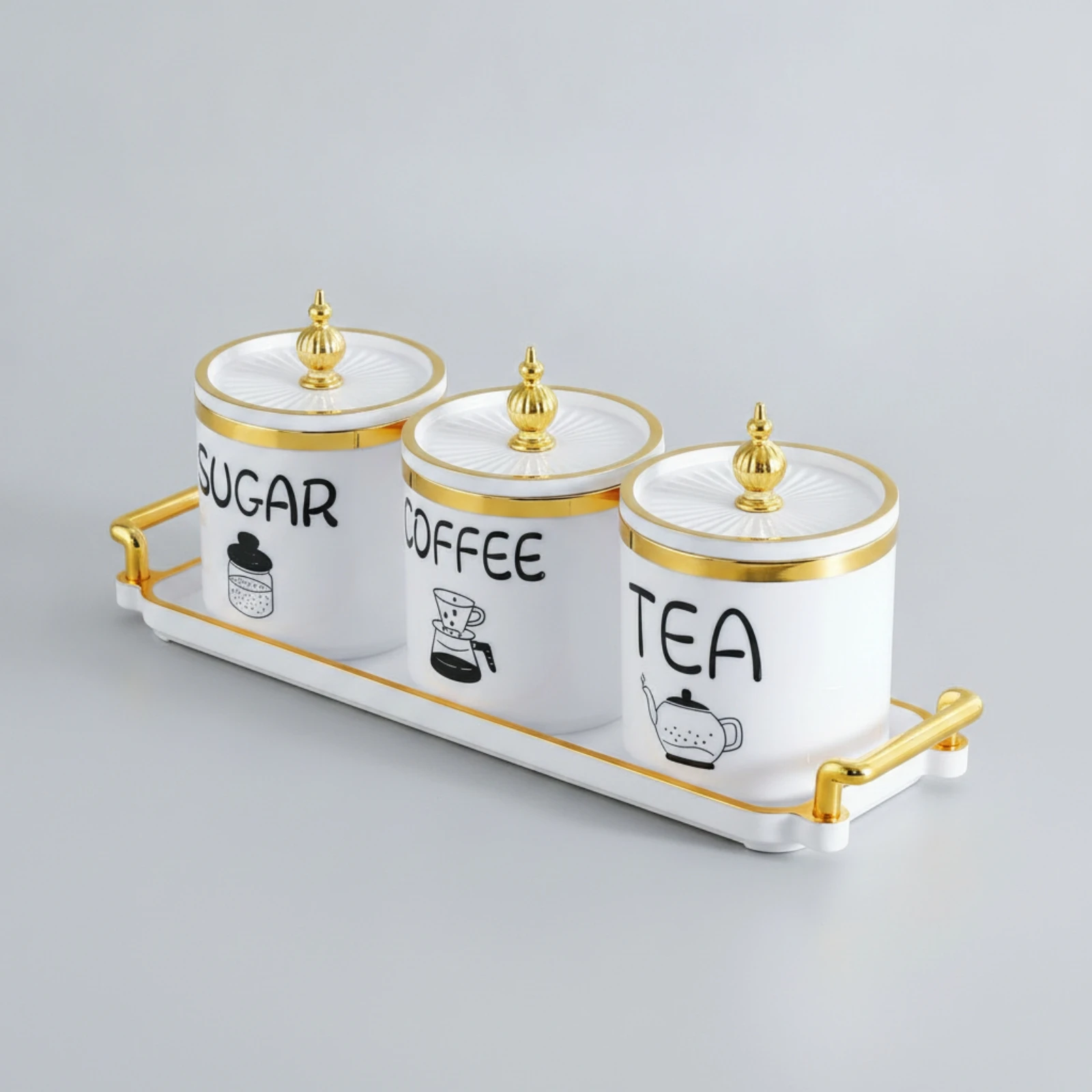 3 Pieces Canister Set with Tray Ribbed Ceramic Canister with Tray Kitchen Canisters with Lids Gold-Tone Containers Countertop