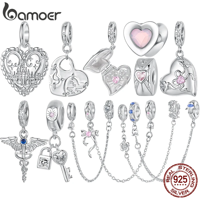 

Bamoer 925 Sterling Silver Pink Heart Charm Valentine's Day Beads Love Pendant for Women Bracelet Accessories DIY Festival Gift