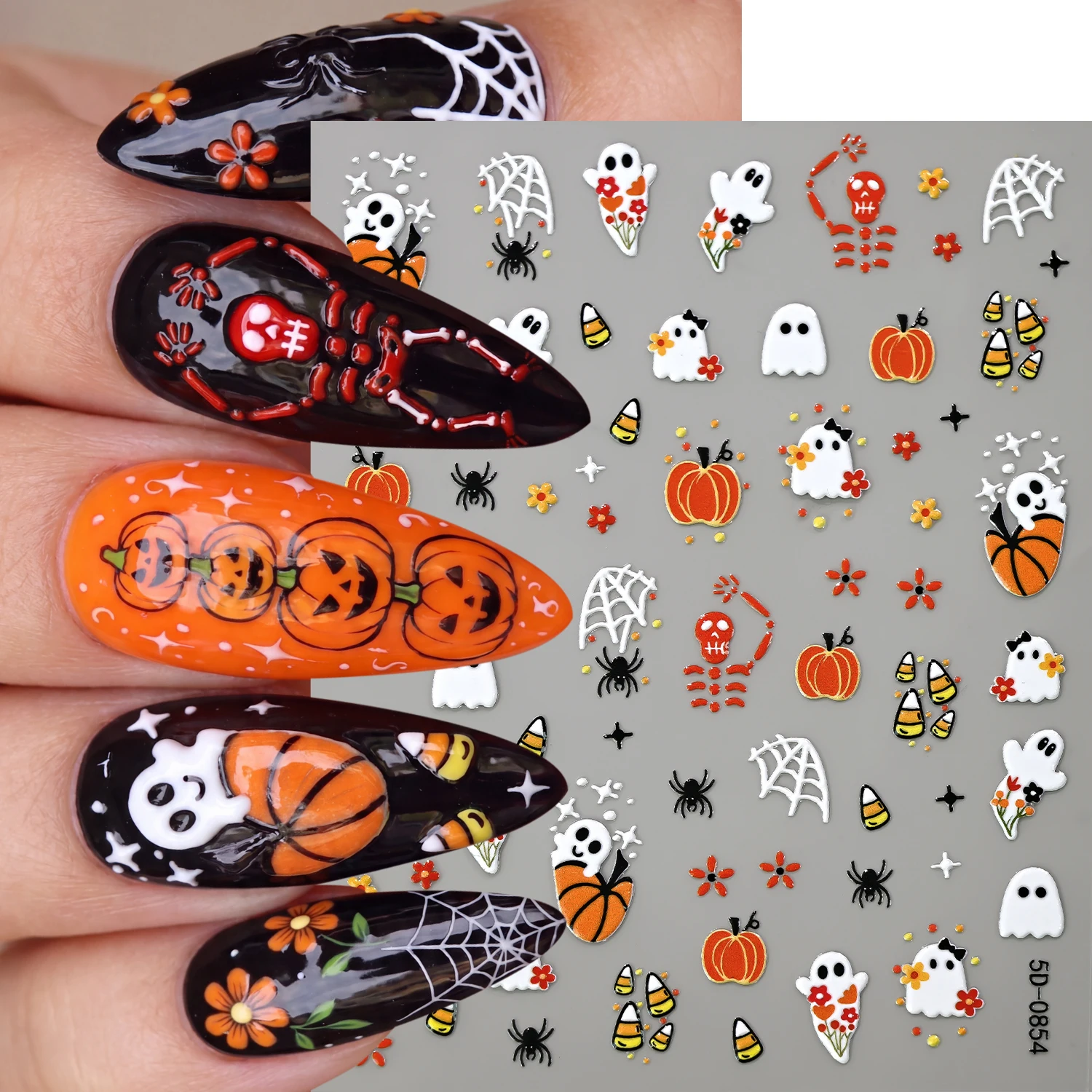 1 Stück Halloween Nagelkunst-Aufkleber 5D Kürbis Geist Spinnennetz Nagelsticker DIY Maniküre-Dekorationen für Party Cosplay Nagelkunst-Zubehör