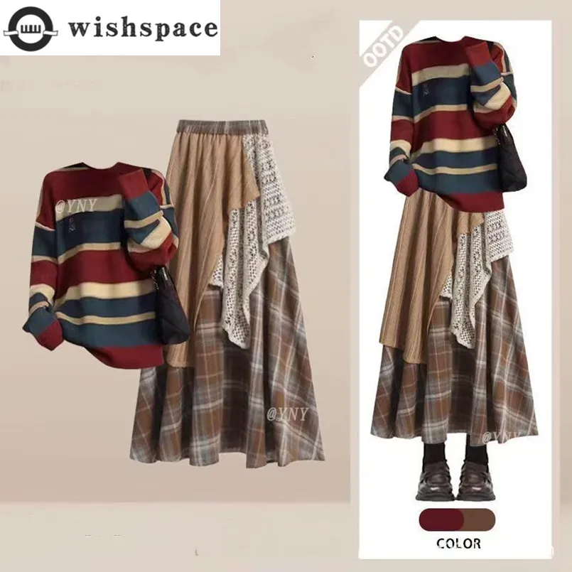 

Spring and Autumn Korean Casual Style Temperament Striped Knitted Sweater Bohemian Half Skirt Two-piece Set