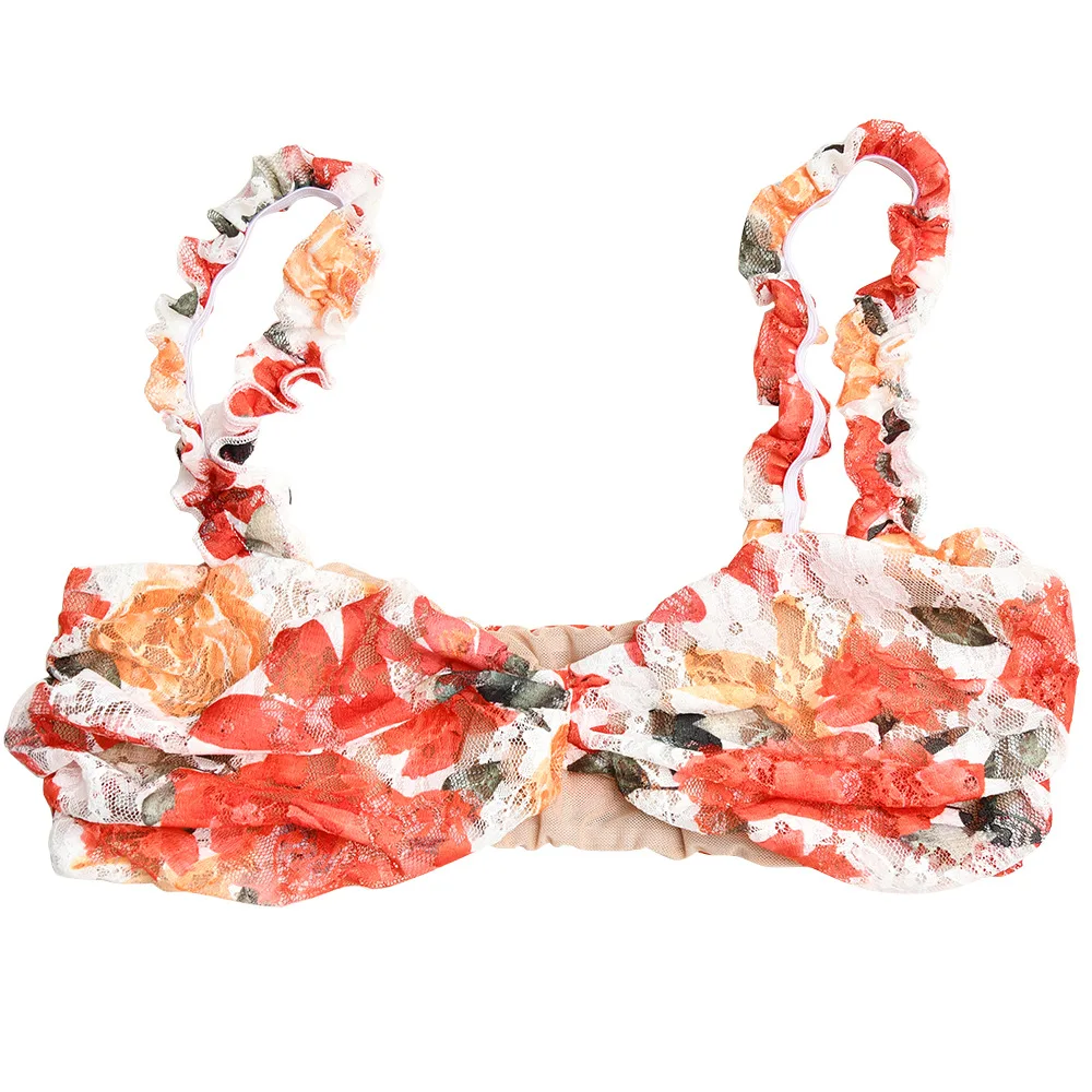 Bralette estiva Sexy di alta qualità e minigonna arricciata a vita alta in pizzo stampato floreale 2 pezzi