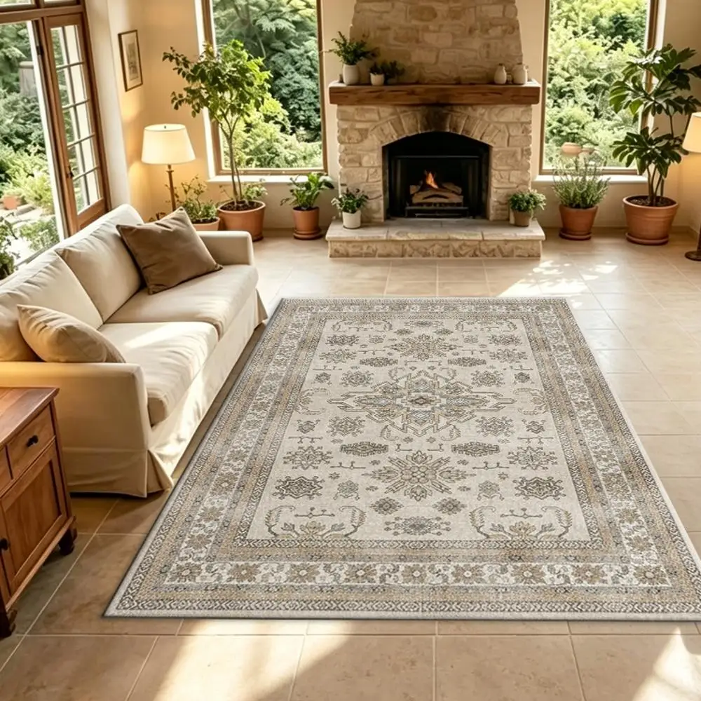 Neutral Beige Vintage Oriental Carpet Flooring, Distressed Traditional Medallion Square Area Rug