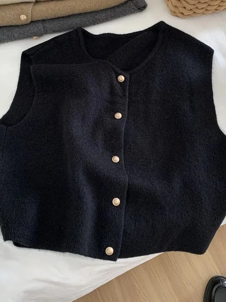 Streetwear Casual Cardigan Vest Women O Neck Simple Knitted Tops Fall Female Korean Sleeveless Fashion Sweater Vest Jacket
