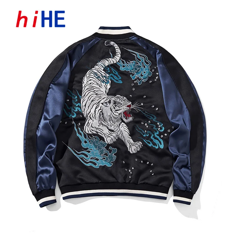 Tiger Embroidery Baseball Jacket Men Satin Sukajan Male Fashion Coat Luxury Spring Long Sleeve Clothing D021A1