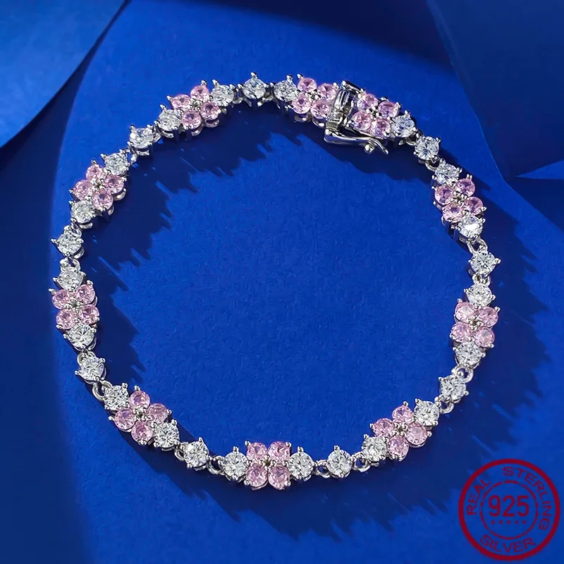 

New S925 silver small fresh pink diamond bracelet, daily classic fashion, wedding jewelry