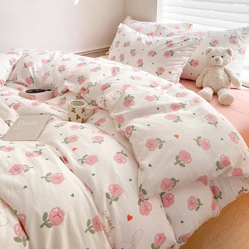 

Washed Cotton Four-Piece Set, Pure Cotton Ins Style Floral Tulip Pure Cotton Quilt Cover Three-Piece Set