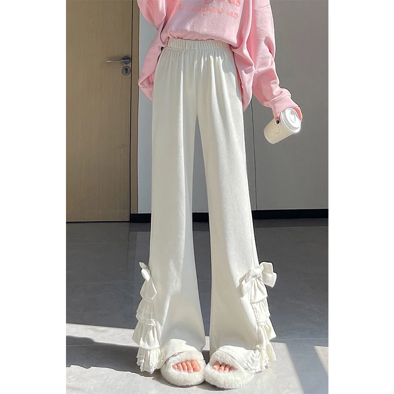 Harajuku Corduroy Flare Pants Women Japanese Cute Bow Lace Patchwork Pants Winter Streetwear Kawaii High Waist Casual Trousers