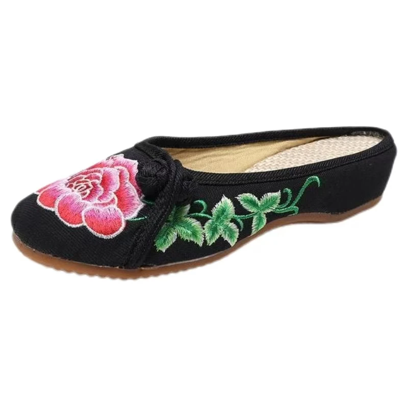 2024 New Women's Chinese Traditional Flat Sole Flower Embroidered Slippers Round Toe Soft Sole Non Slip Ethnic Style Slippers