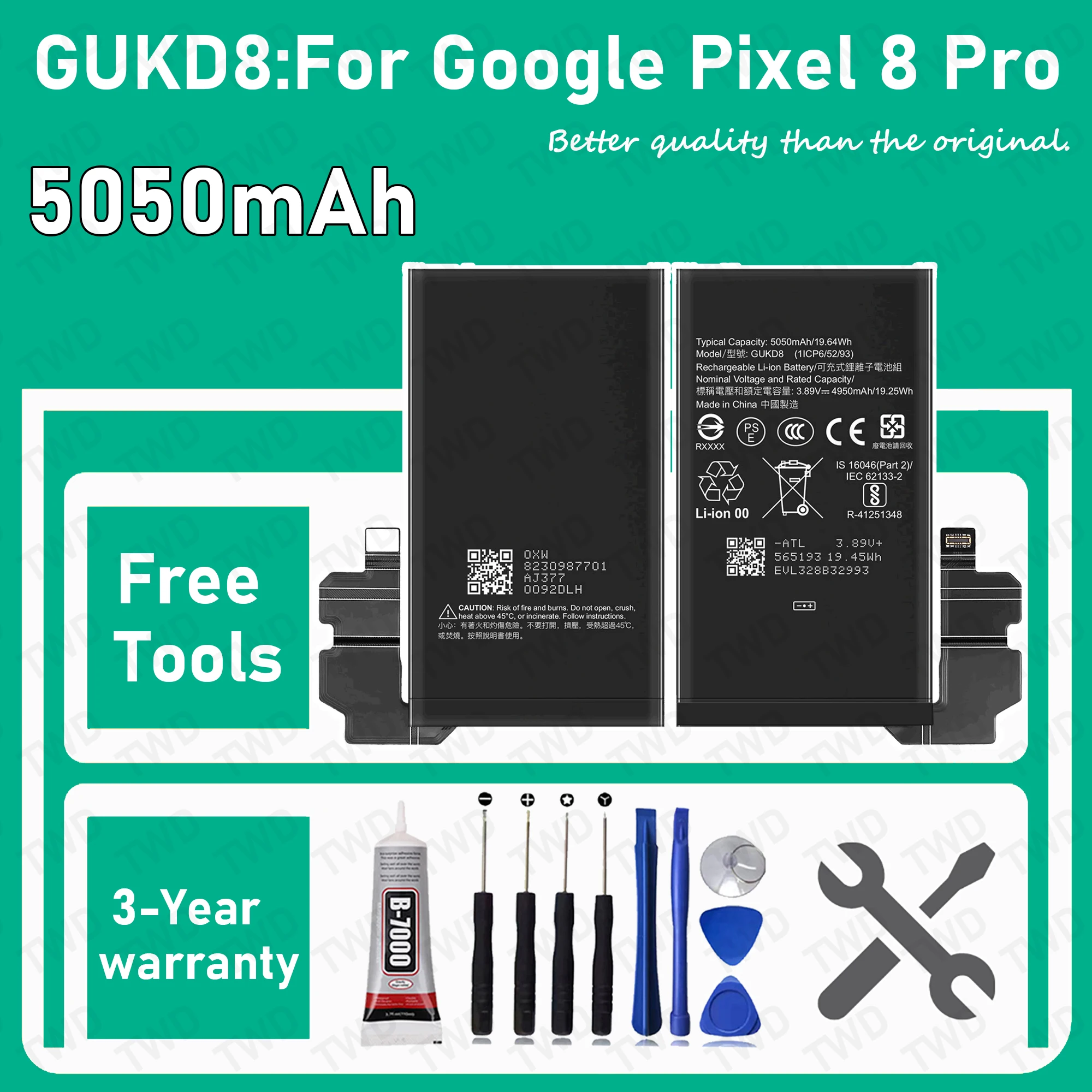GUKD8 Large capacity 5050mAh Battery For Google Pixel 8 Pro Batteries New High Quanlity+Free Tools