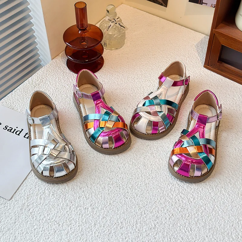 Summer Girls Shiny Hollow-Out Sandals Kids Wedge Round-Toe Roman Shoes Children Soft One-Strap Shoes Casual Beach Sandals Shoes