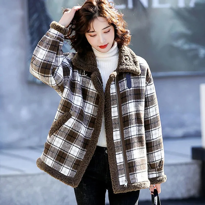 Women's Plaid Lamb Wool Jacket, Thick Warm Parker Coat, Loose Joker Jacket, Casual Overcoat, Autumn Fashion, New, 2023