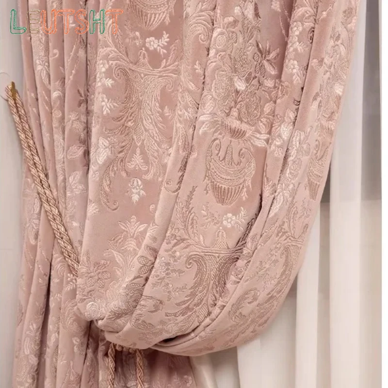 Custom Size  Blackout Retro Luxury Embroidery Pink Velvet Curtains for Living Dining Room Bedroom High Window Villa Curtains