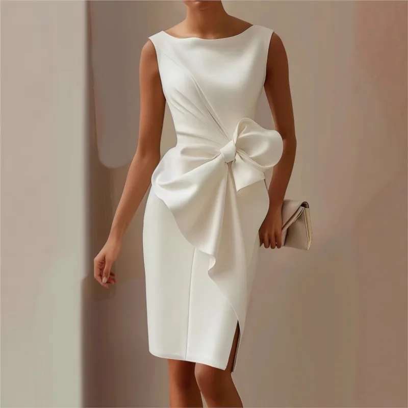 

2025 European and American solid color sleeveless slim-fit fashion bow tie hot new dress new style