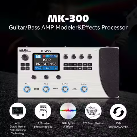 M-VAVE MK 300 Guitar Multi-Effect Processor ANN Neural Modeling 120AMP，360FX，10h Battery，150s STEREO LOOPER，128 Drum MIDI DAW