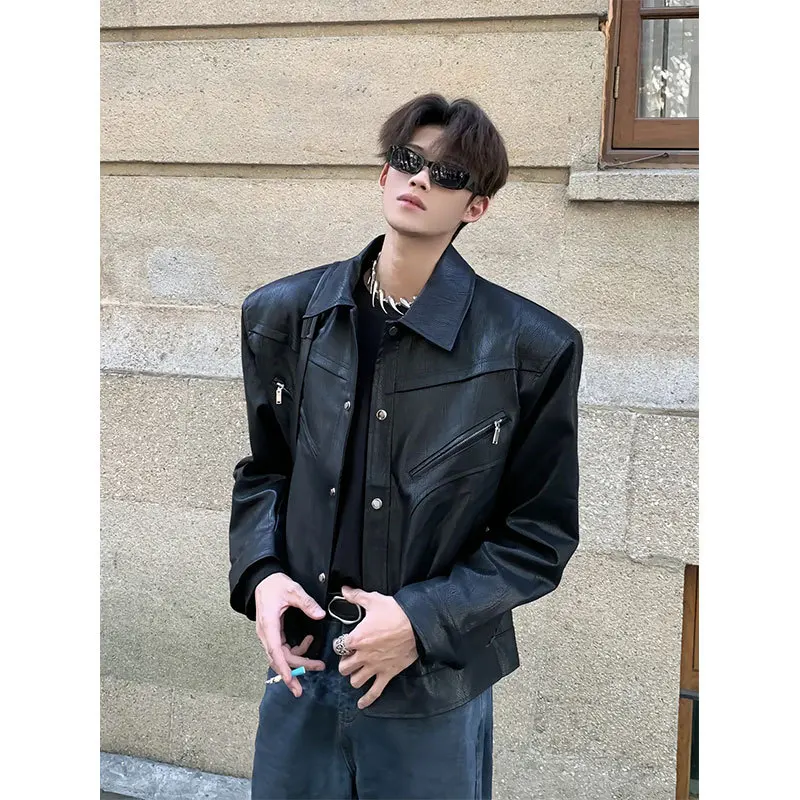 

Korean Cropped Faux Leather Men's Motocycle Jackets, Structured Shoulder Mans Biker Jacket, Windproof Streetwear Coats