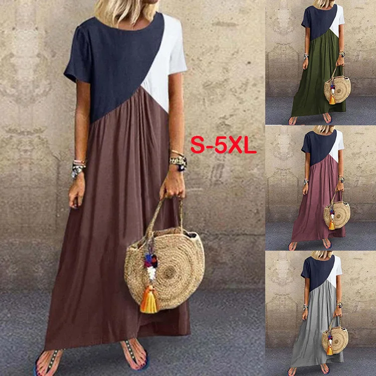 2024 5XL Patchwork Irregular Short-sleeved Long Dress Women Clothing Large Size Casual Loose Summer Dress 4XL 3XL Streetwear