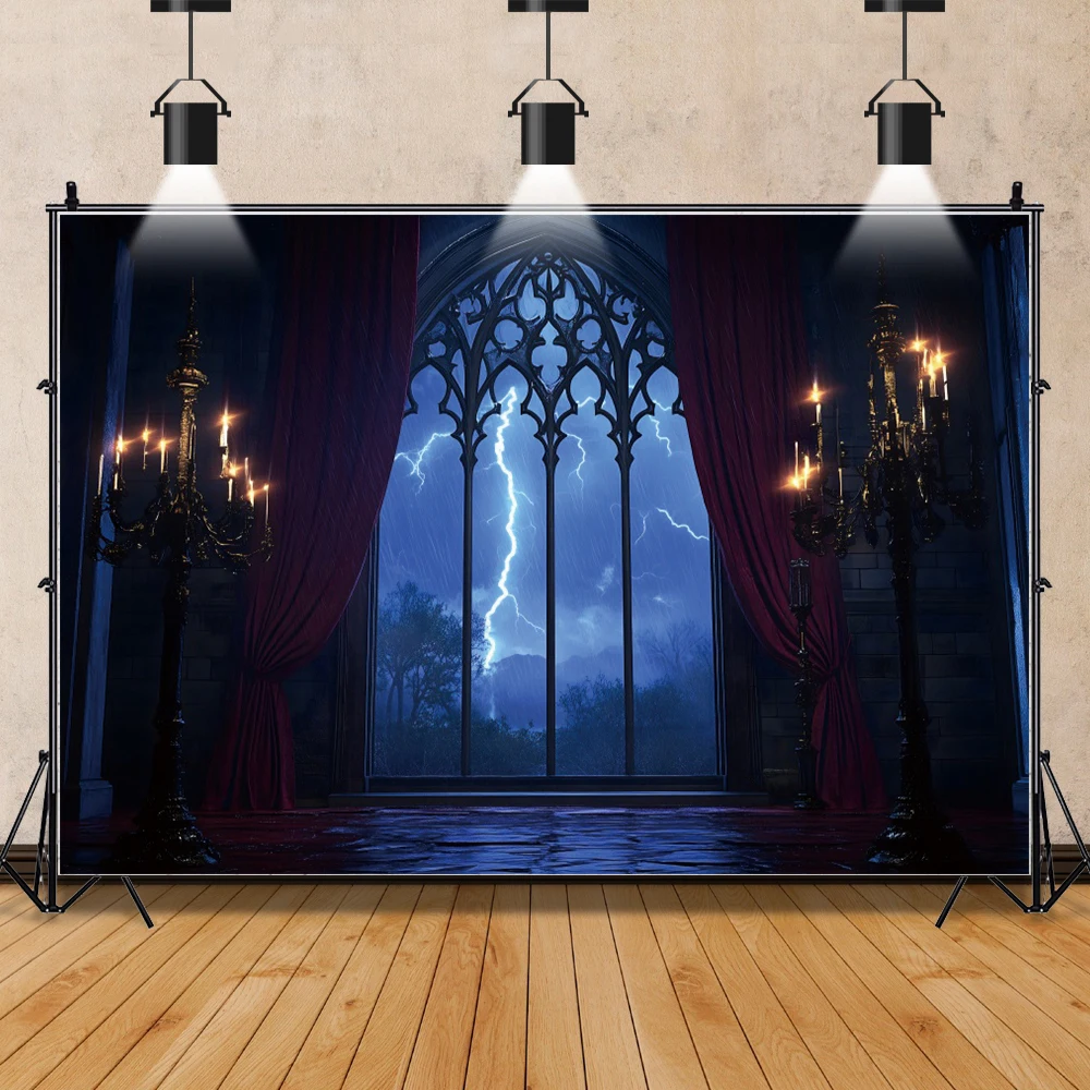 Gothic Vampire Moonbat Background Medieval Castle Lightning Halloween Party Decoration Backdrop Photo Prop Photography Studio