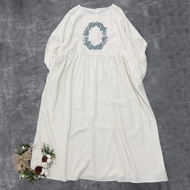 Johnature Autumn New Japanese Mori Women Solid Color Cotton Linen Embroidered Dress Casual Loose Pullover Simple Female Dresses