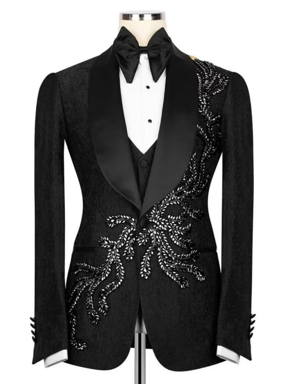 Conjunto de traje de lujo con cristales para hombre, chaqueta de 2 piezas + pantalones negros, abrigo de piedra brillante, esmoquin de boda, chaqueta Formal personalizada para oficina