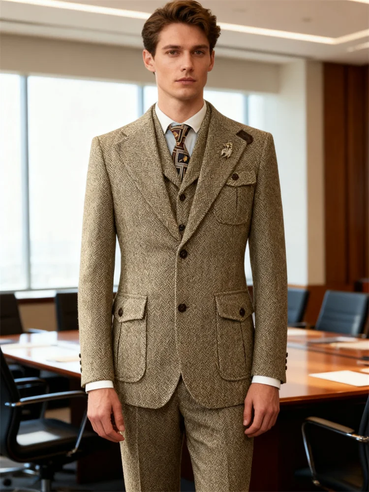 الكلاسيكية متعرجة أنيقة رجل البدلة مجموعات الصوف مزيج عالية الجودة الفاخرة الرجال الدعاوى فستان الزفاف 3 قطعة مجموعة سترة سترة السراويل