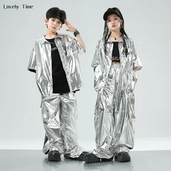 Boys Hip Hop Silver Jacket Street Dance Cargo Pants Girls Sequin Cool Streetwear Kids Jazz Clothes Sets Children Shiny Costumes