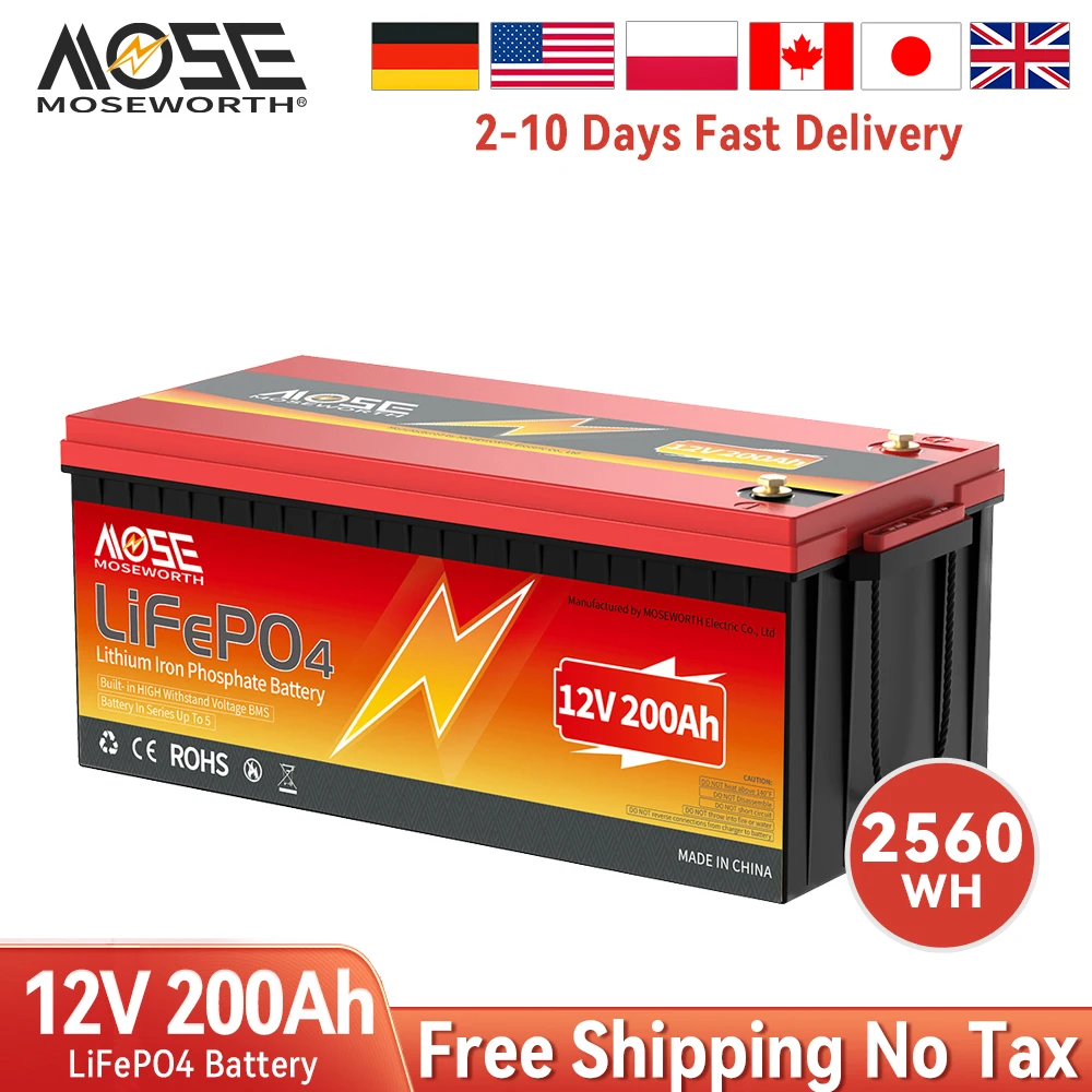 12V 200Ah 2560Wh LiFePO4 Battery 8000+ Cycles 4S BMS Grade A 24V 100Ah 300Ah lithium Pack For Home Energy Off-grid EU US NO TAX