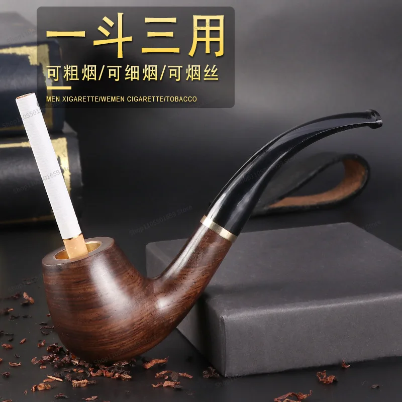 For One Pipe Three Waxed Old-fashioned Pipe with Solid Wood, Curved Ebony 9MM Filter Copper