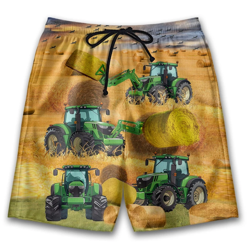 Funny Tractor 3D Print Beach Shorts Farming Job Bermudas Drawstring Lightweight Bermudas Farmer Wheat Short Pants For Men Trunks