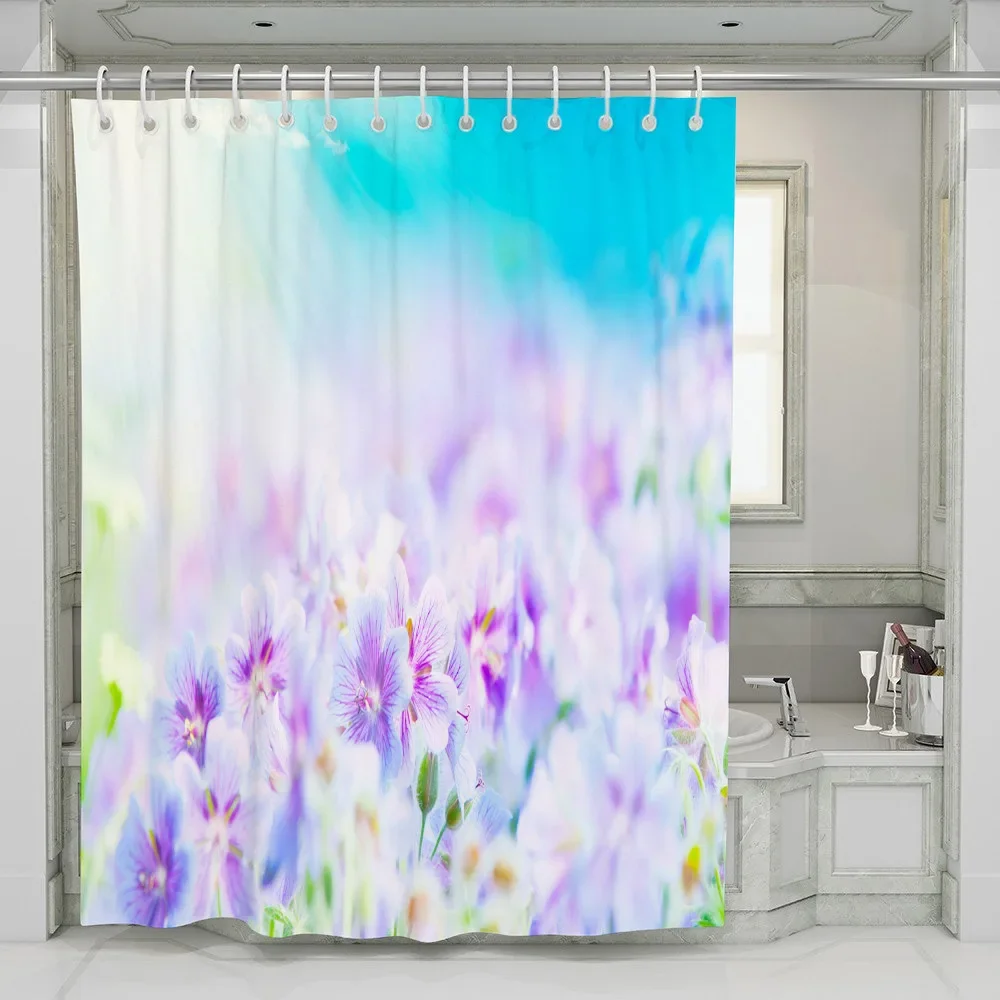 Raindrop Glass Clover Shower Curtain Watercolor Flower Ocean Beach Landscape Green Leaf Floral Scenery Plants Polyester Fabric