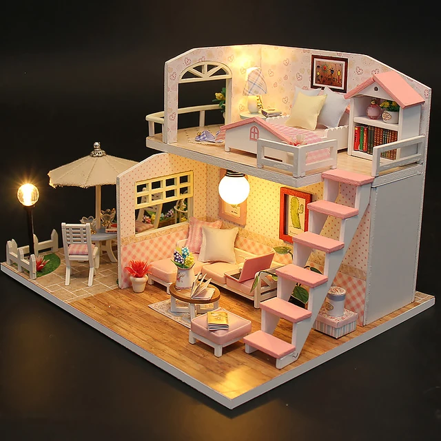 Puzzle 3D zestaw modeli do budowania drewniany miniaturowy domek dla lalek z diodami LED zmontowane domy dla lalek dekoracja wnętrz prezenty urodzinowe
