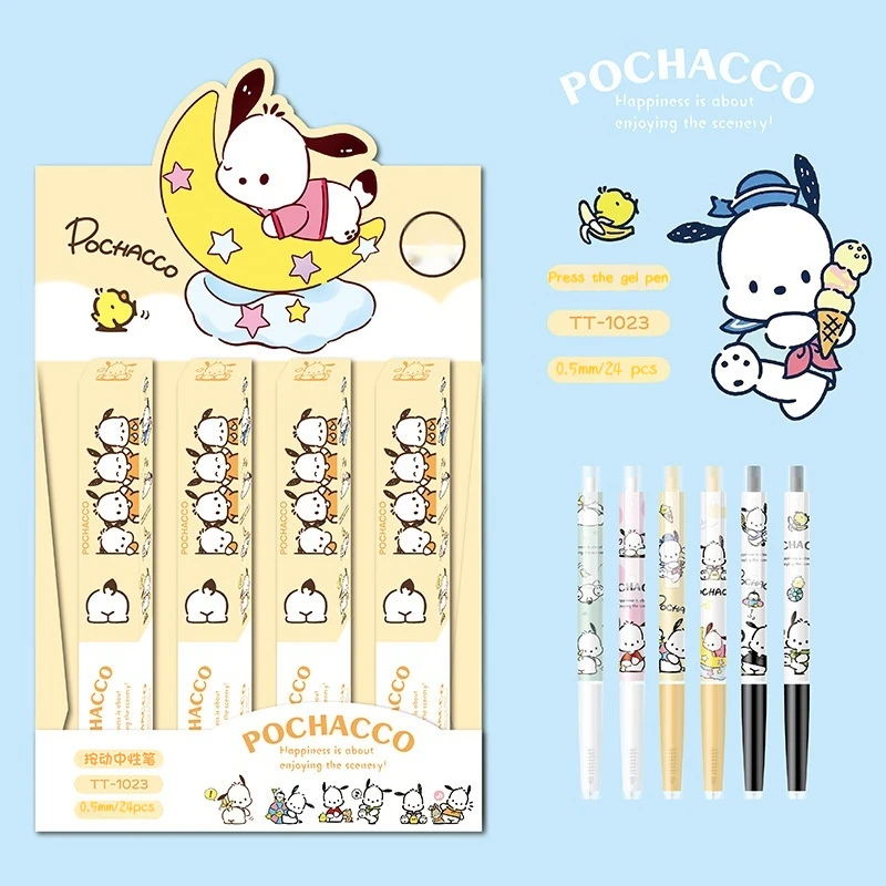 Imagem -02 - Sanrio Pochacco Desenhos Animados Kawaii Push Gel Pen Criativo Escola Estudantes Escritório Papelaria Aprendizagem Presentes Novo 0.5 mm 24 Pcs