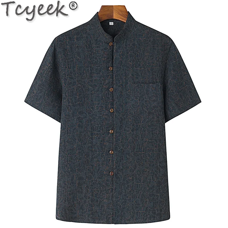 Tcyeek 100% Mulberry Silk Mens Shirts Summer Clothes Casual Short Sleeve Top Chinese Style Shirt Men Loose Fit 2024 Рубашки