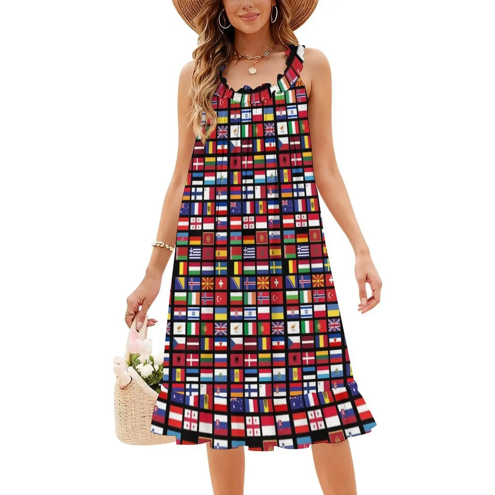 Bandeiras de boêmio vestido sem mangas multi-impressão praia férias vestido de festa canção concurso vestido de noite feminino