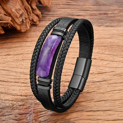 3-Color Personality Luxury Arc Natural Amethyst Stone Bracelet Stainless Steel Accessories Bracelet For Men and Women