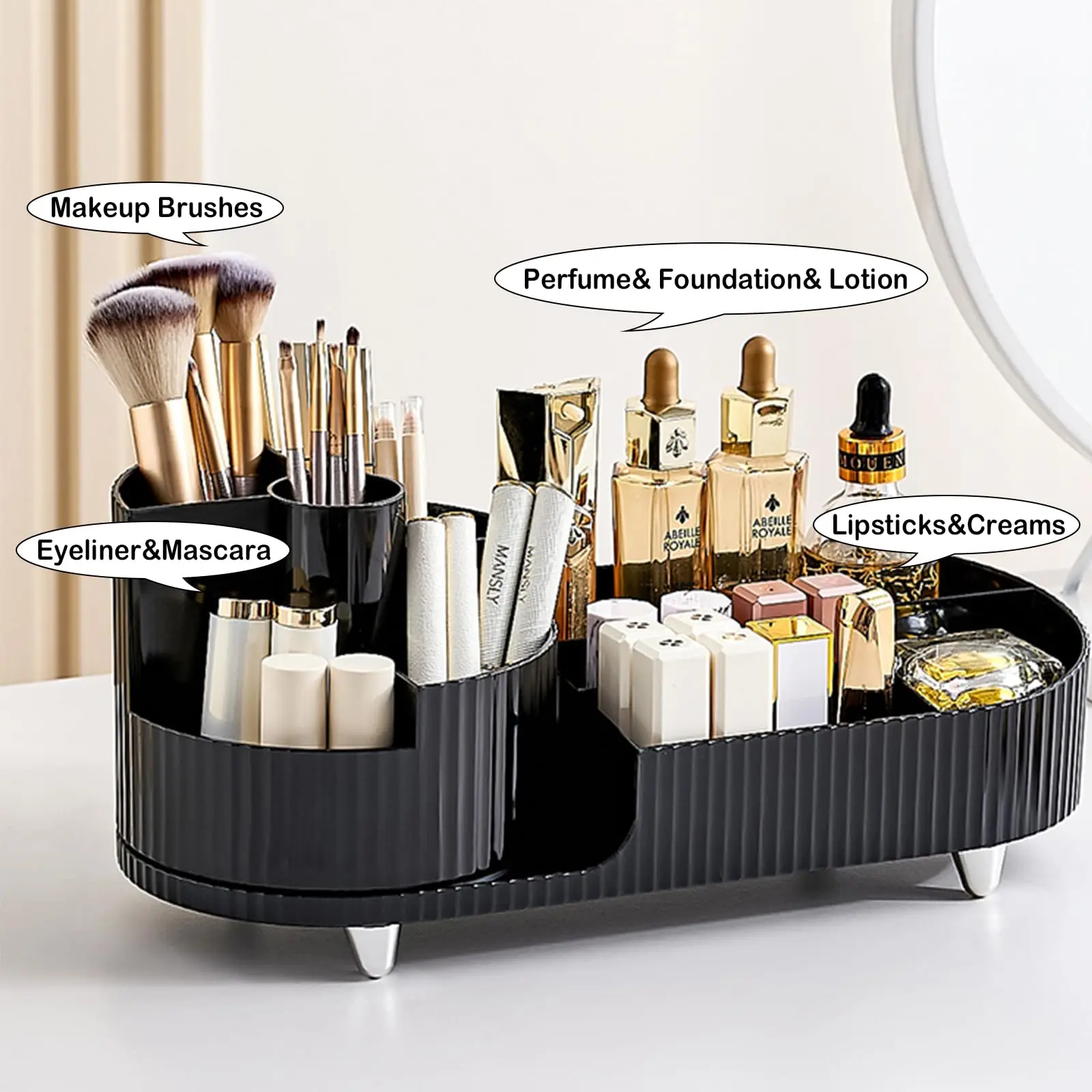 360 Rotating Makeup Organizer for Vanity with Brush Holder,  Large Spinning Cosmetic Storage Box For Countertop Bathroom Dresser