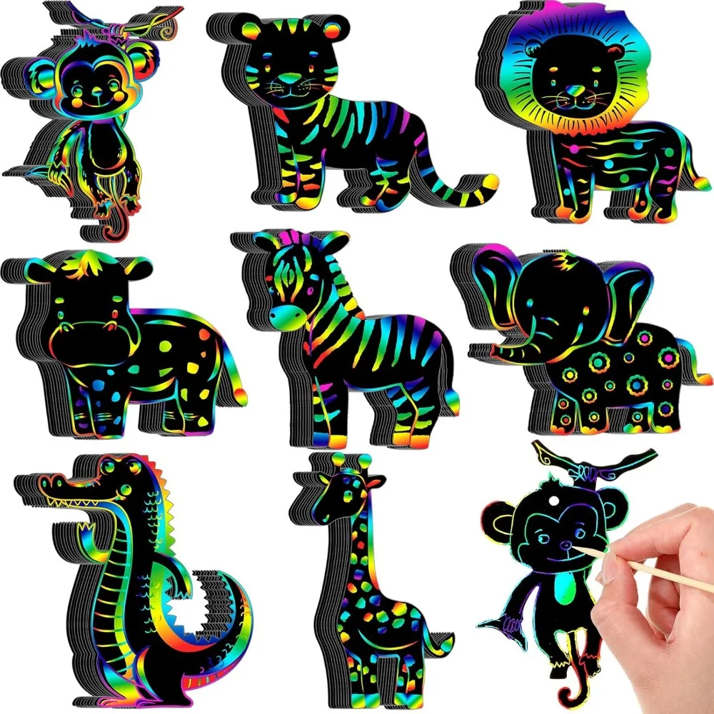 80 قطعة من بطاقات خدش حيوانات سفاري الغابة هدايا الحفلات الملونة البرية خدش اللوحة الورقية للأطفال لتقوم بها بنفسك مجموعة الحرف الفنية مع 80