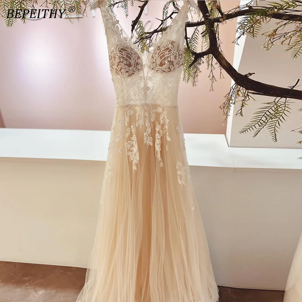 BEPEITHY A Line Beach Champagne Wedding Party Dresses With Sweep Train 2023 Women V Neck Lace Ivory Boho Bridal Gown With Belt