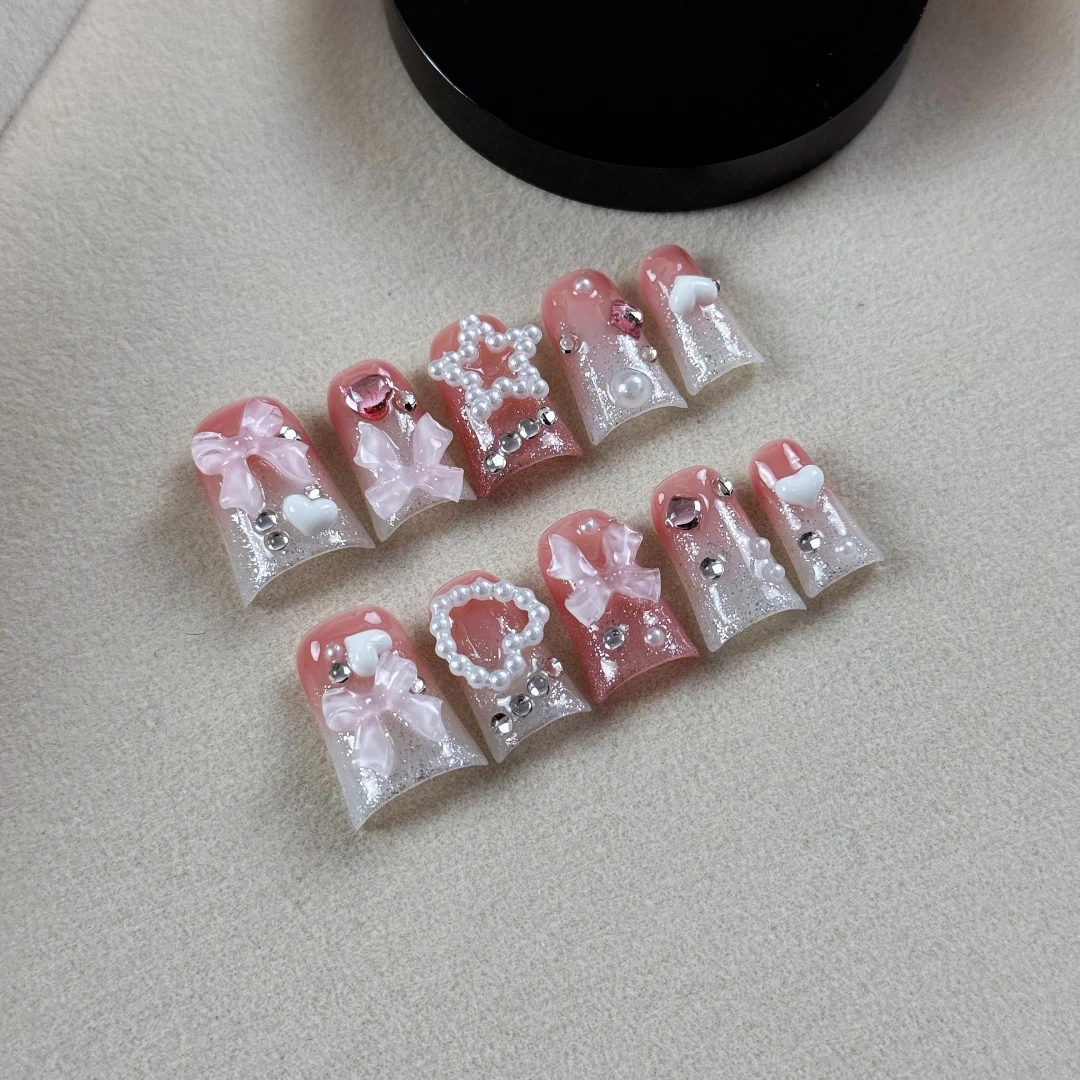 10pcs High-end Sweet Princess Style, hand-painted stars, bows, glittering fragments, and tiny diamonds handmade fake nails